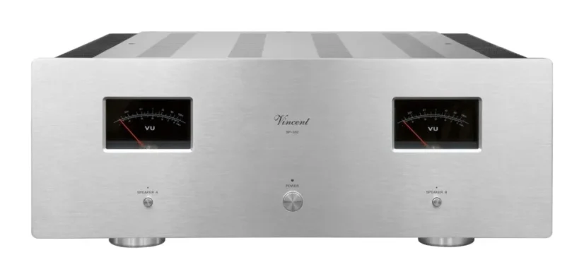 Vincent SP-332 – hybridný stereo koncový zosilňovač 2 × 250 W s XLR a VU metrami strieborný