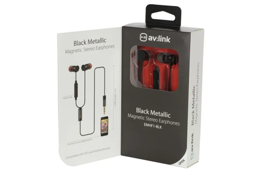av:link sluchátka In-Ear Magnetic, hands free, černá metalíza