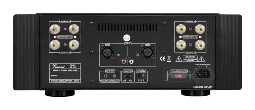 Vincent SP-332 – hybridný stereo koncový zosilňovač 2 × 250 W s XLR a VU metrami čierny